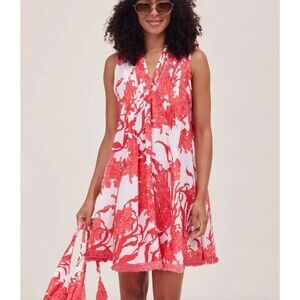 Modaposa Felice Pintuck Sleeveless Cotton Dress in Red Coral Size Large